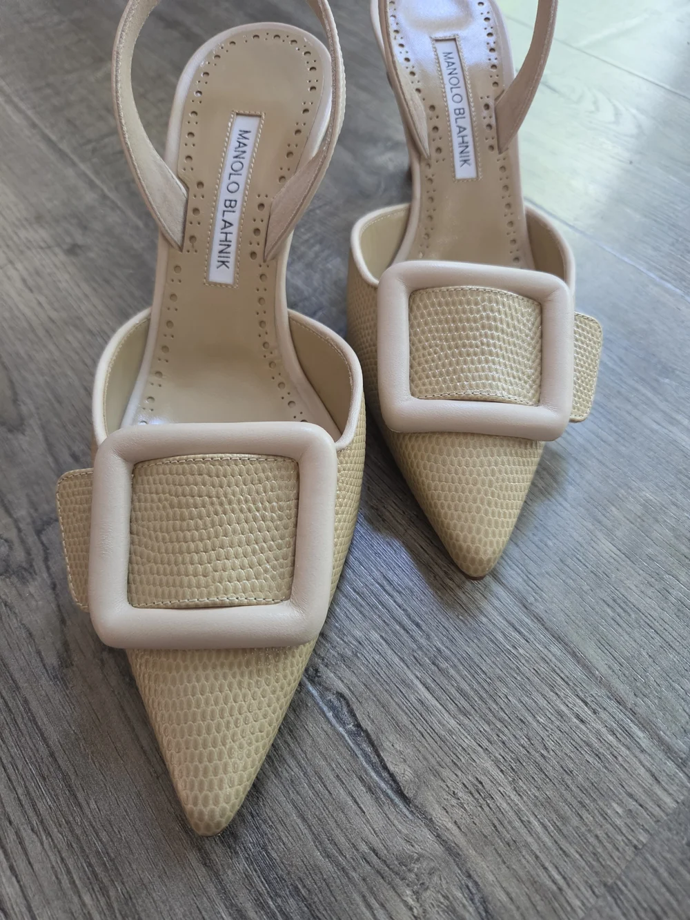 Light Beige Calf Leather Buckle Detail Slingback Pumps - Picture 2 of 10